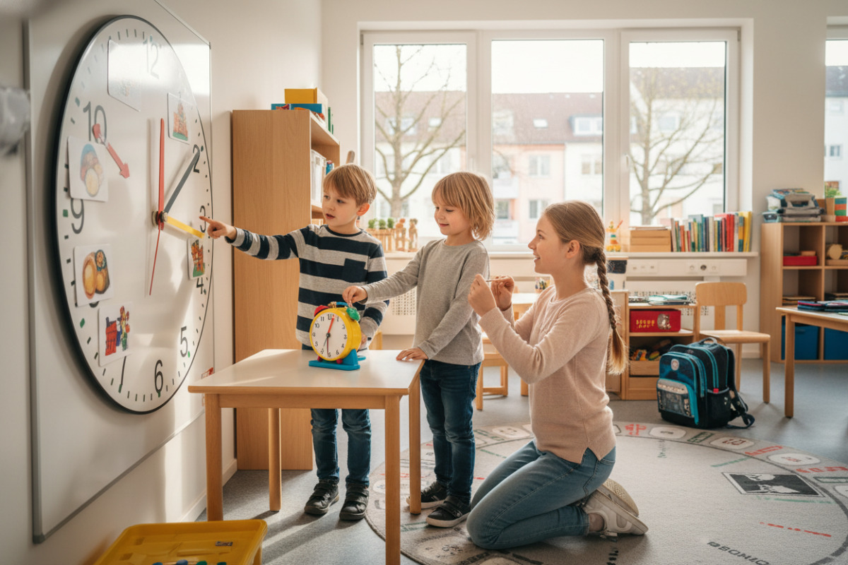 Alltagsszenen zeigen, wie Kinder die analoge Uhr durch Sehen, Sprechen, Drehen und gemeinsame Routinen verstehen.