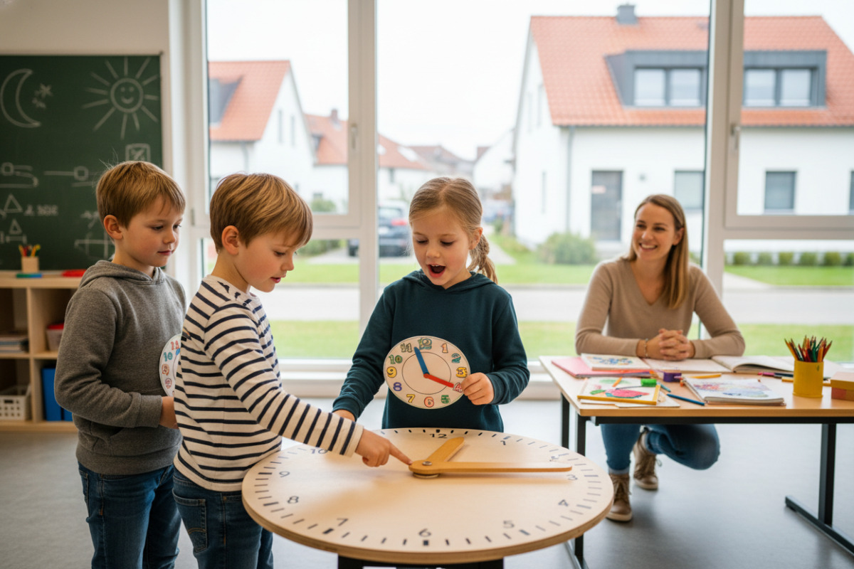 Alltagsszenen zeigen, wie Kinder die analoge Uhr durch Sehen, Sprechen, Drehen und gemeinsame Routinen verstehen.