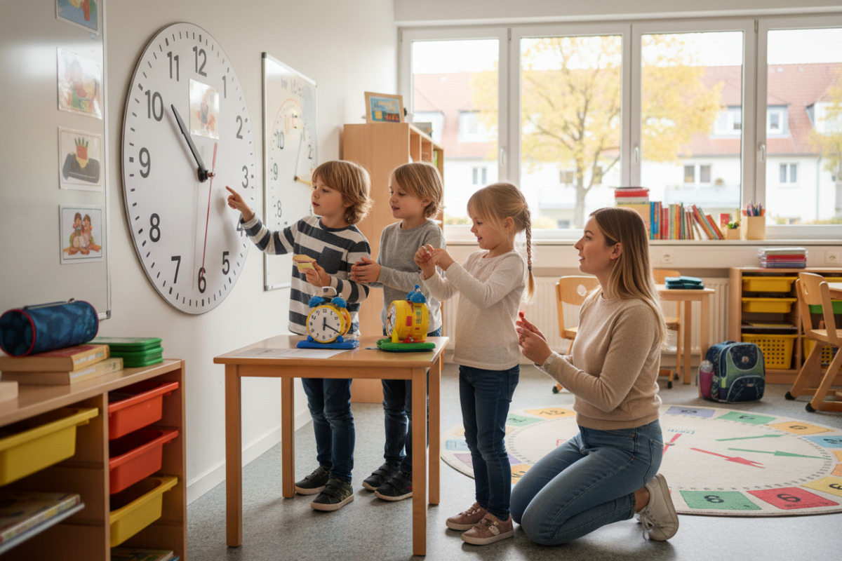 Alltagsszenen zeigen, wie Kinder die analoge Uhr durch Sehen, Sprechen, Drehen und gemeinsame Routinen verstehen.