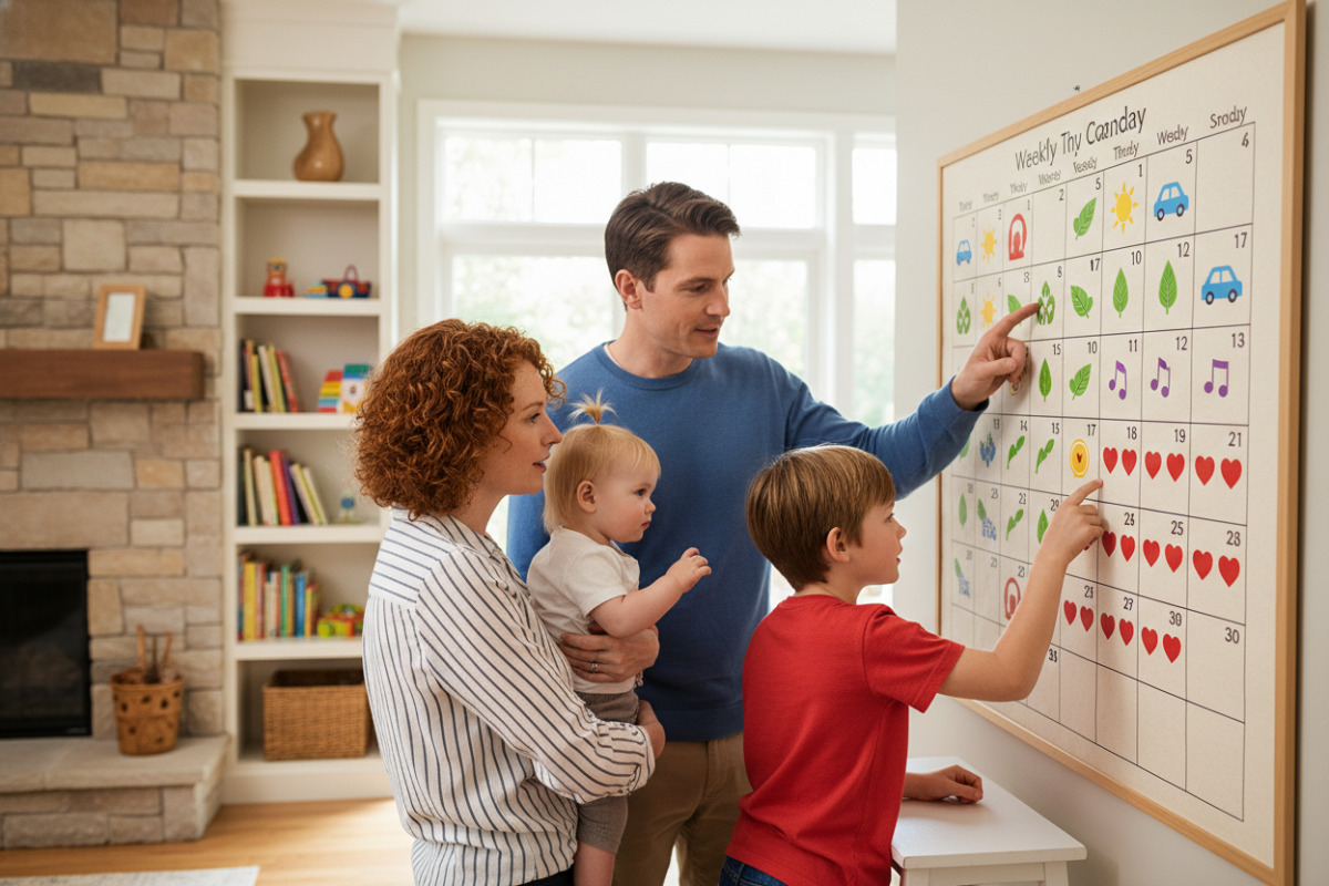 Familie betrachtet gemeinsam einen Wochenkalender mit farbigen Symbolen