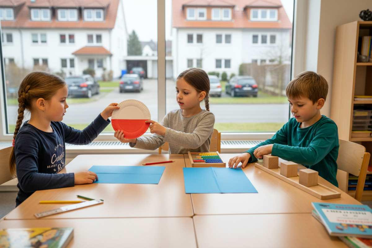 Alltagssituationen zeigen, wie Kinder ein Drittel sehen, legen, falten und vergleichen können.