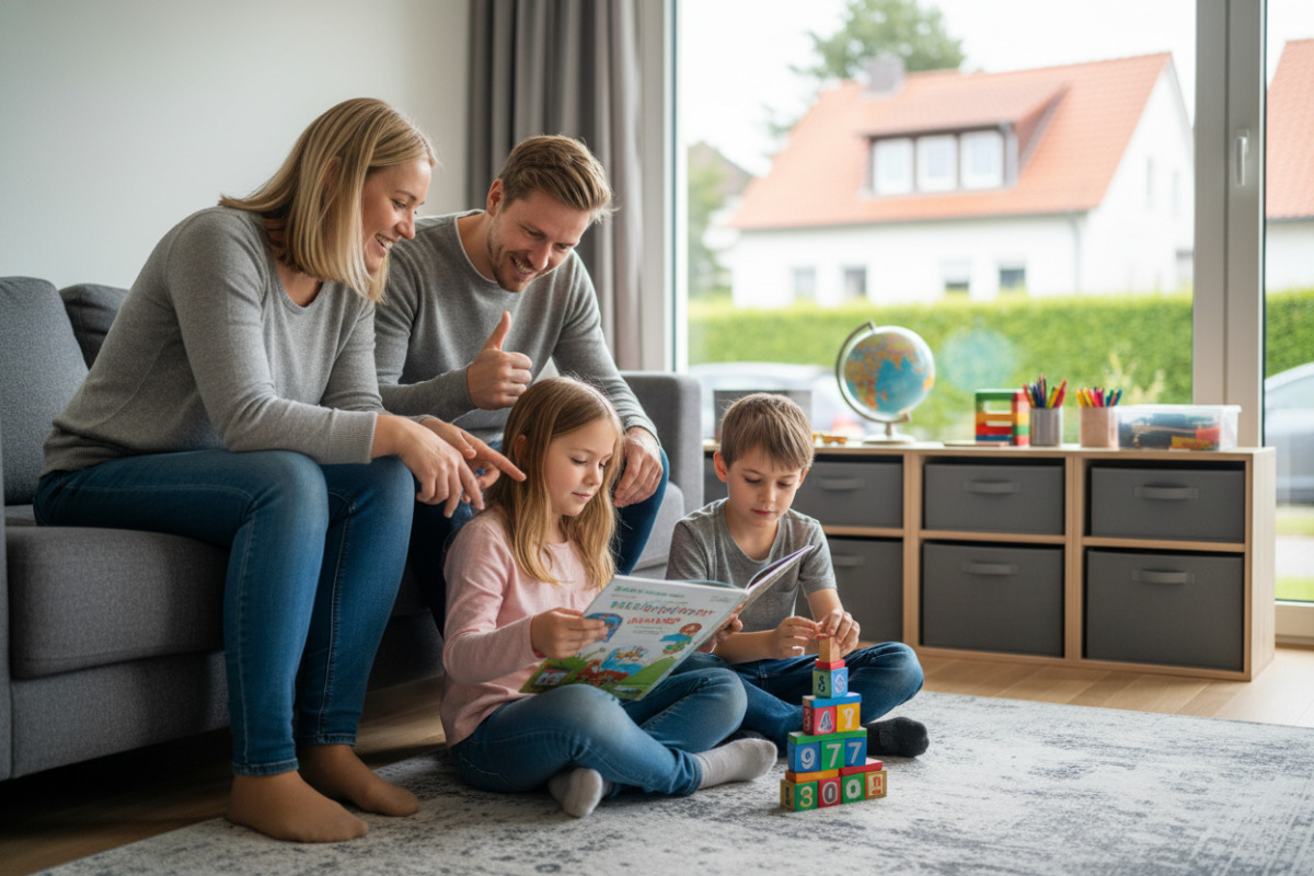 Kleine, freundliche Lernmomente verbinden Lesen, Rechnen, Ordnung, Bewegung und Ermutigung im Familienalltag.