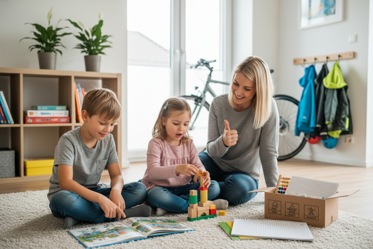 Kleine, freundliche Lernmomente verbinden Lesen, Rechnen, Ordnung, Bewegung und Ermutigung im Familienalltag.
