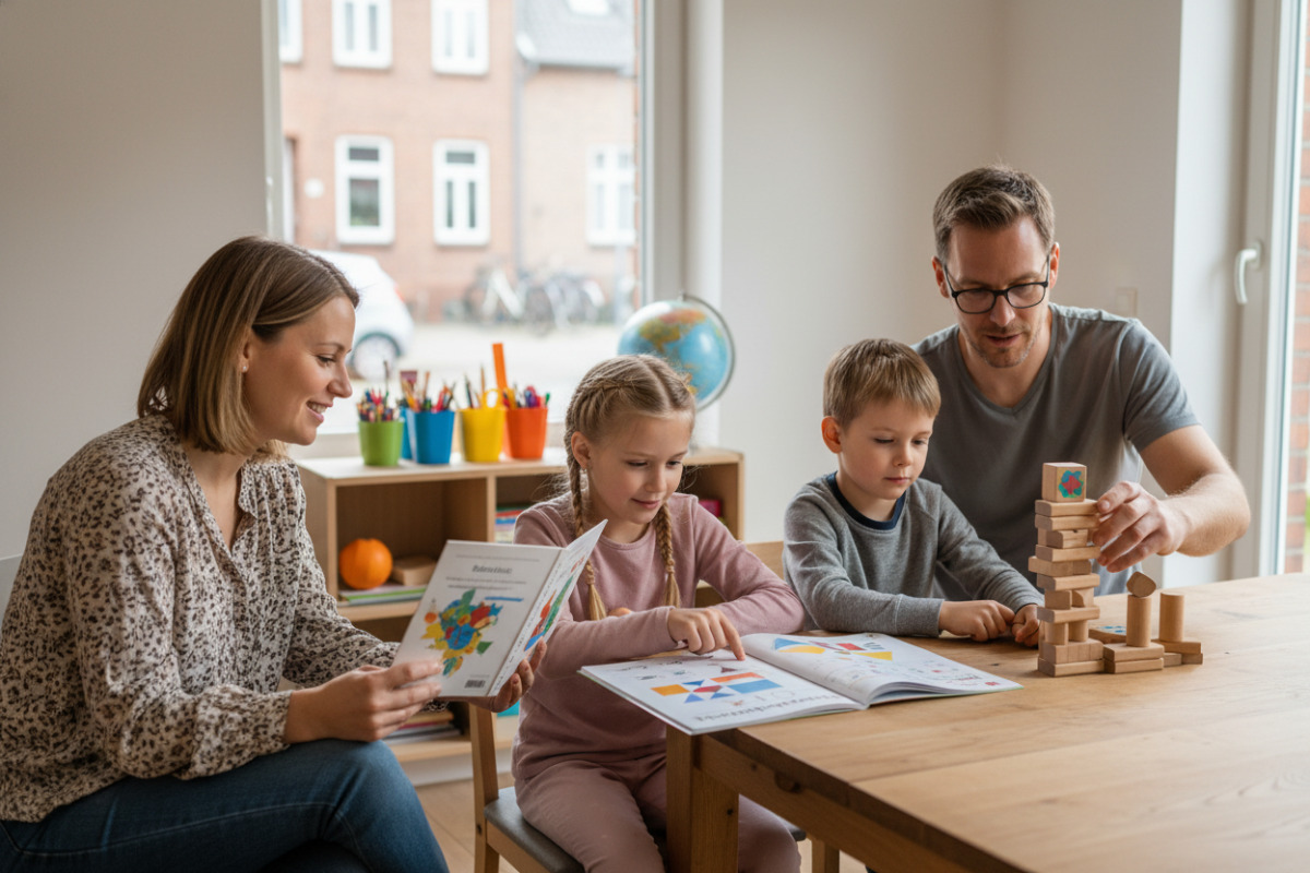Kleine, freundliche Lernmomente verbinden Lesen, Rechnen, Ordnung, Bewegung und Ermutigung im Familienalltag.