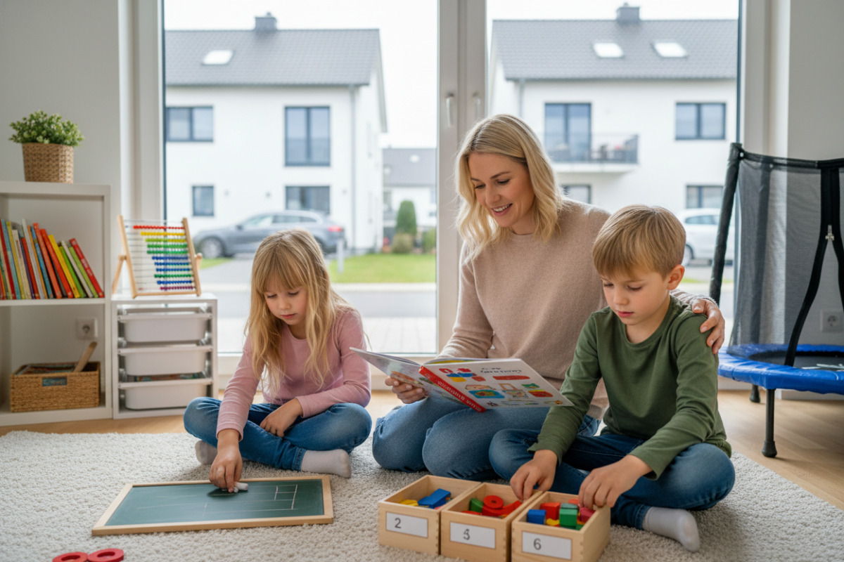 Kleine, freundliche Lernmomente verbinden Lesen, Rechnen, Ordnung, Bewegung und Ermutigung im Familienalltag.