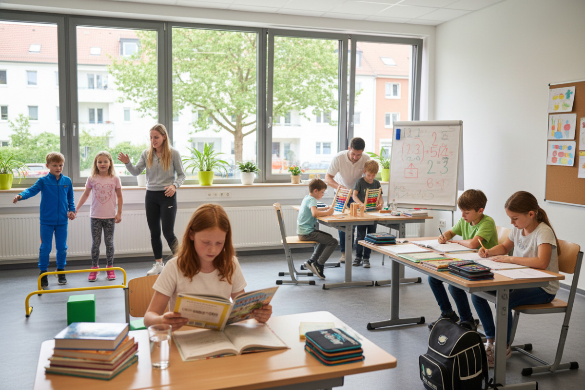 Lernsituationen aus Sport, Lesen, Rechnen und Hausaufgaben zeigen, wie vielfältig Entwicklung in Klasse sein kann.