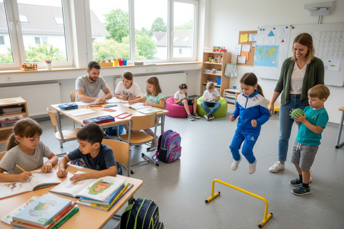 Lernsituationen aus Sport, Lesen, Rechnen und Hausaufgaben zeigen, wie vielfältig Entwicklung in Klasse sein kann.
