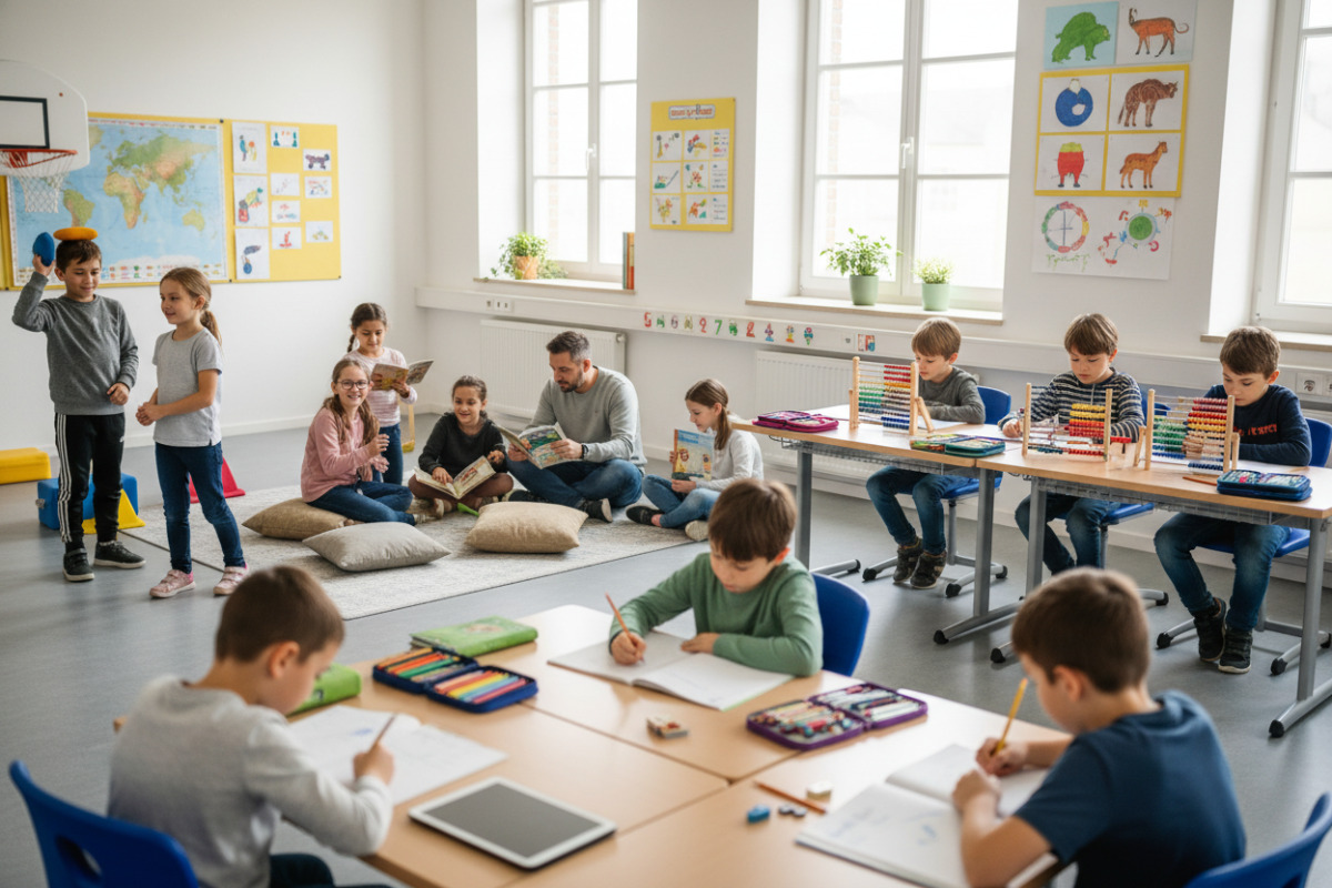 Lernsituationen aus Sport, Lesen, Rechnen und Hausaufgaben zeigen, wie vielfältig Entwicklung in Klasse sein kann.