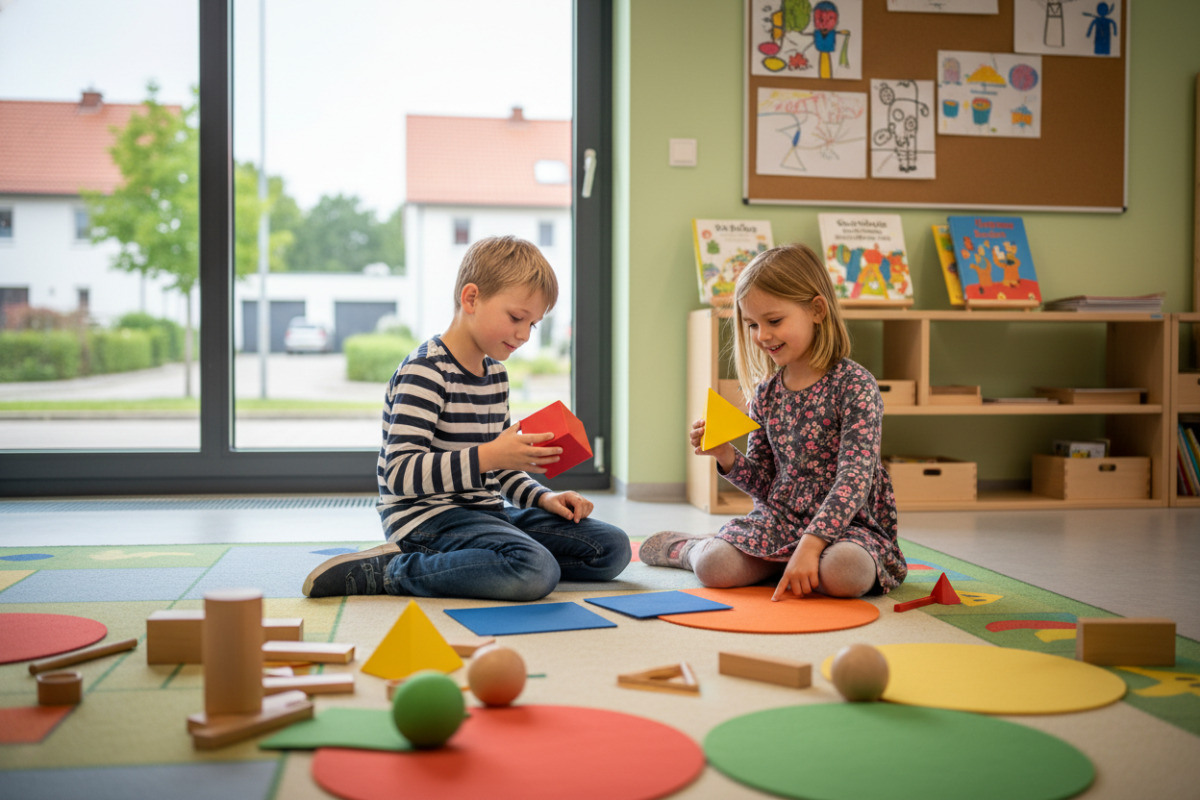 Alltagsszenen zeigen, wie Kinder Formen, Flächen und Körper spielerisch entdecken und miteinander vergleichen.