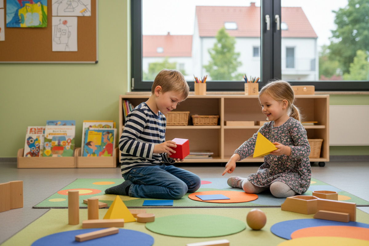 Alltagsszenen zeigen, wie Kinder Formen, Flächen und Körper spielerisch entdecken und miteinander vergleichen.
