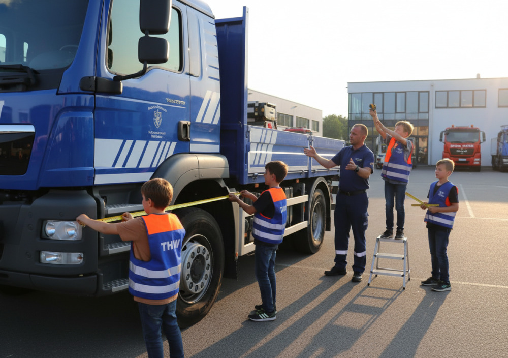 Kinder messen Längen an einem THW-Fahrzeug