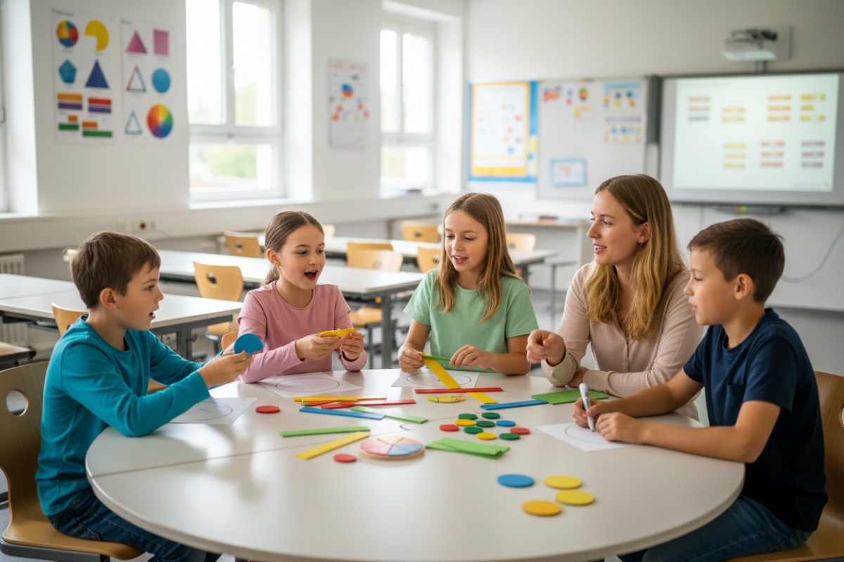 Die Bilder zeigen, wie Kinder Brüche durch Teilen, Vergleichen, Markieren und gemeinsames Sprechen verstehen.