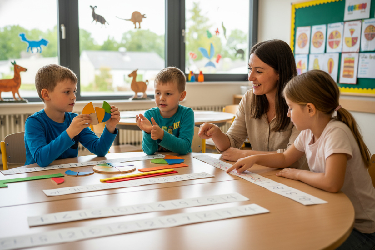 Die Bilder zeigen, wie Kinder Brüche durch Teilen, Vergleichen, Markieren und gemeinsames Sprechen verstehen.