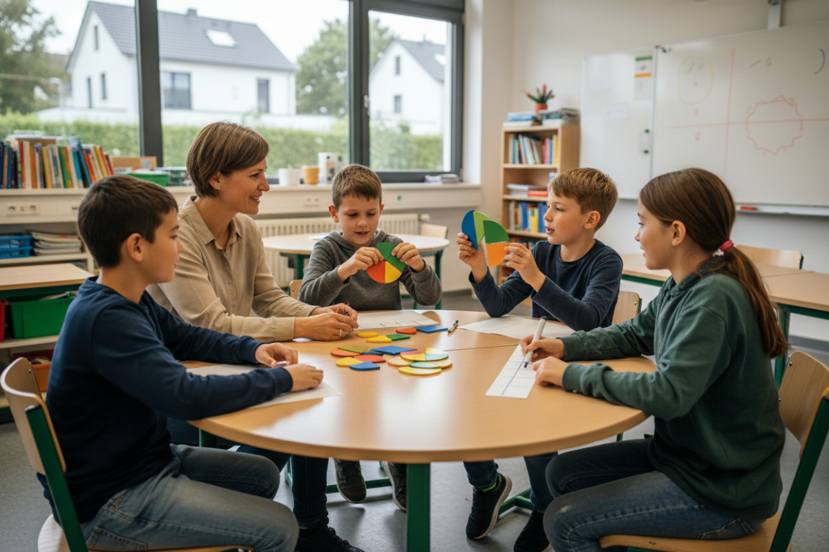 Die Bilder zeigen, wie Kinder Brüche durch Teilen, Vergleichen, Markieren und gemeinsames Sprechen verstehen.