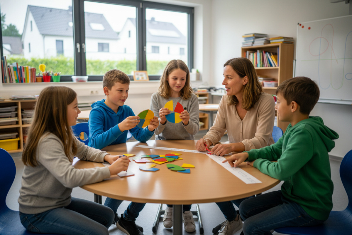 Die Bilder zeigen, wie Kinder Brüche durch Teilen, Vergleichen, Markieren und gemeinsames Sprechen verstehen.