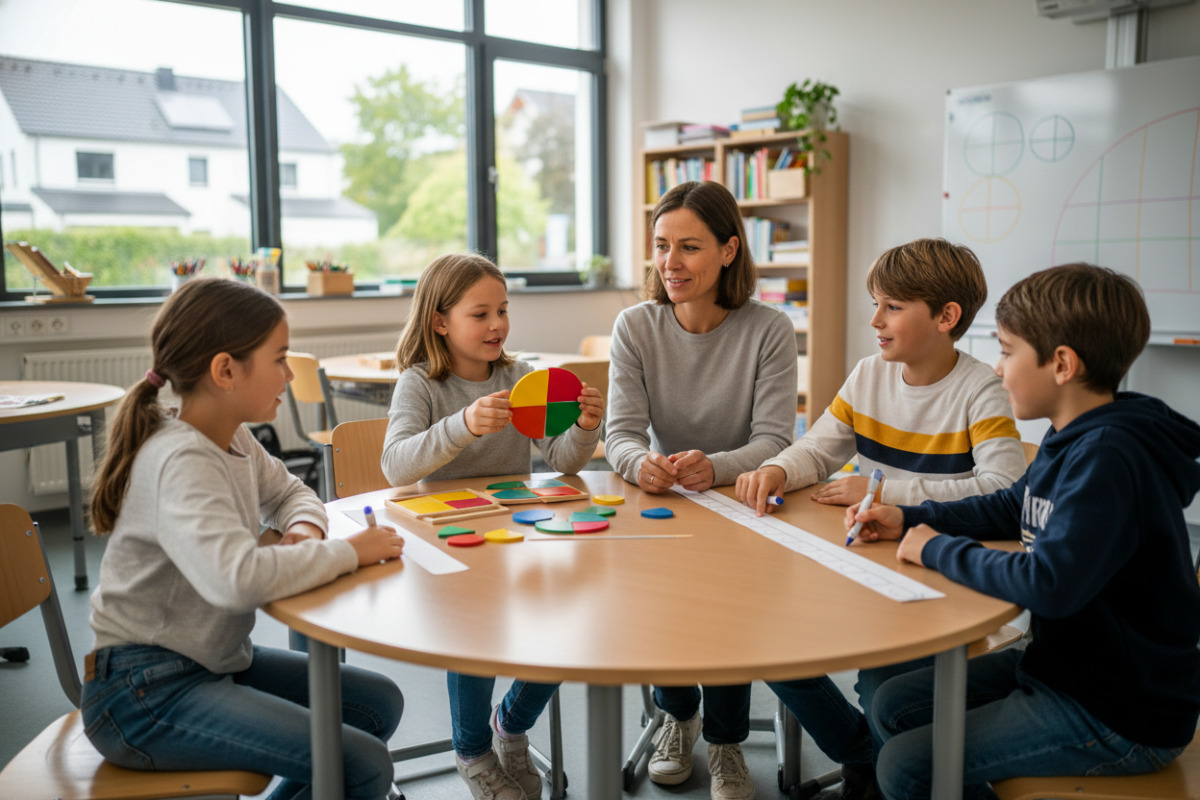 Die Bilder zeigen, wie Kinder Brüche durch Teilen, Vergleichen, Markieren und gemeinsames Sprechen verstehen.