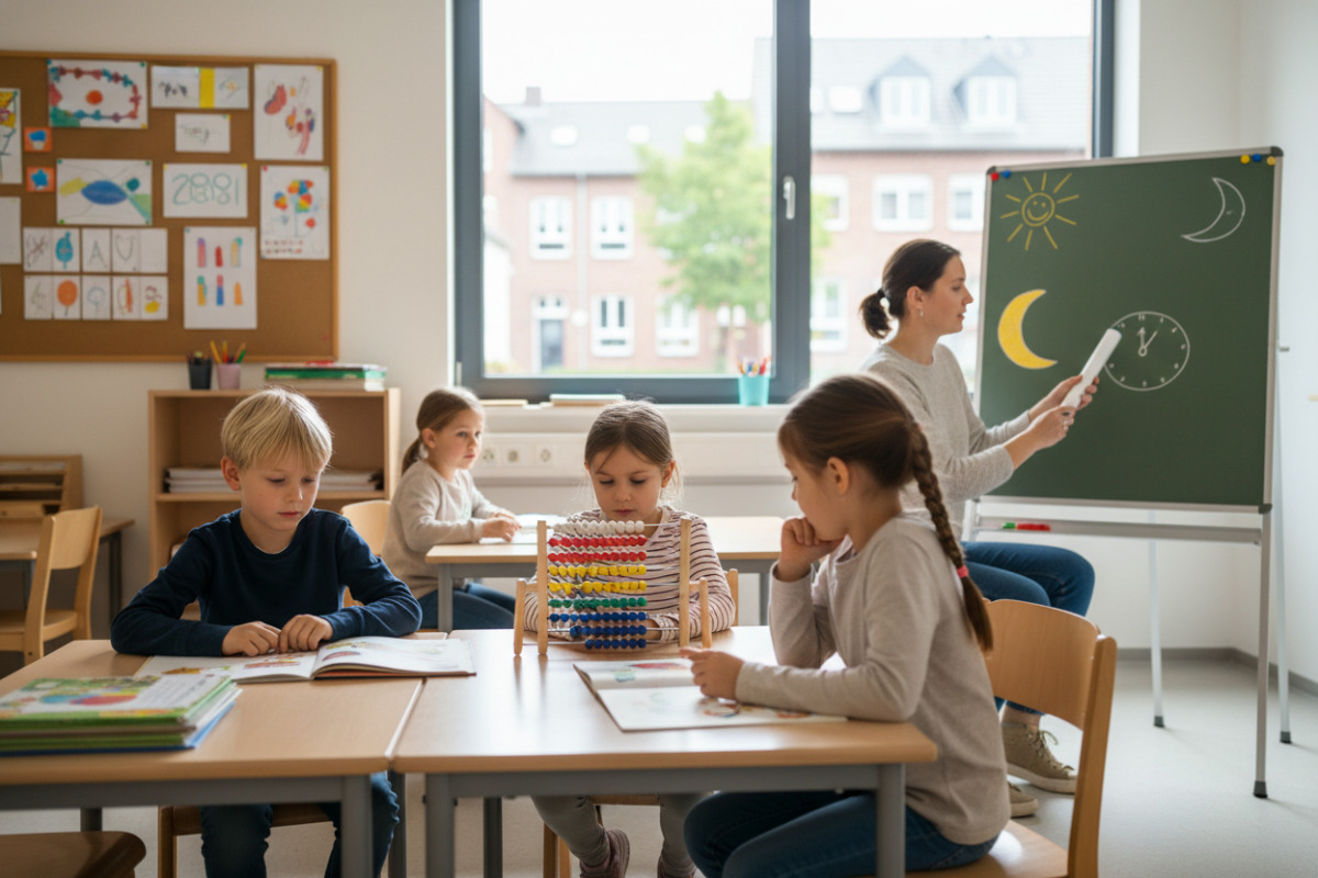 Ruhige Unterrichtsmomente verbinden Lesen, Rechnen, Gespräch und Tagesabschluss zu verlässlichen Lernrhythmus.