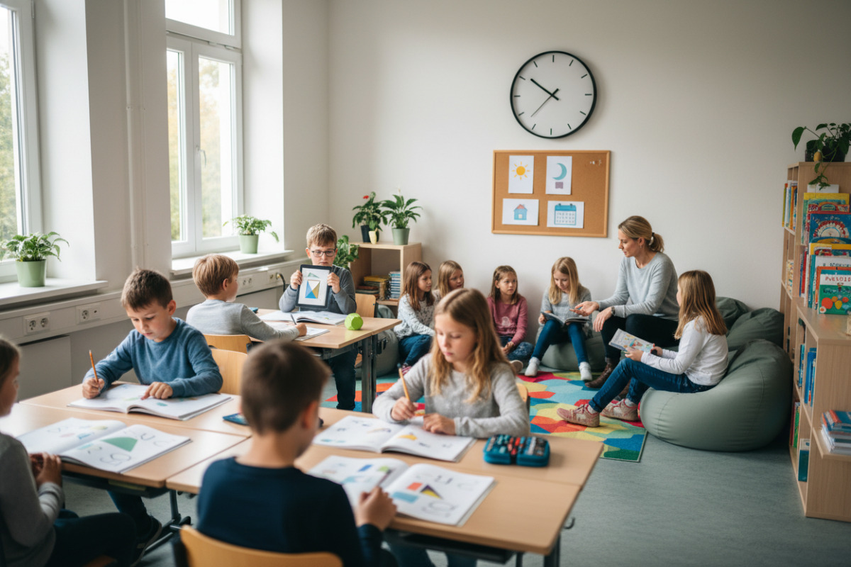 Ruhige Unterrichtsmomente verbinden Lesen, Rechnen, Gespräch und Tagesabschluss zu verlässlichen Lernrhythmus.
