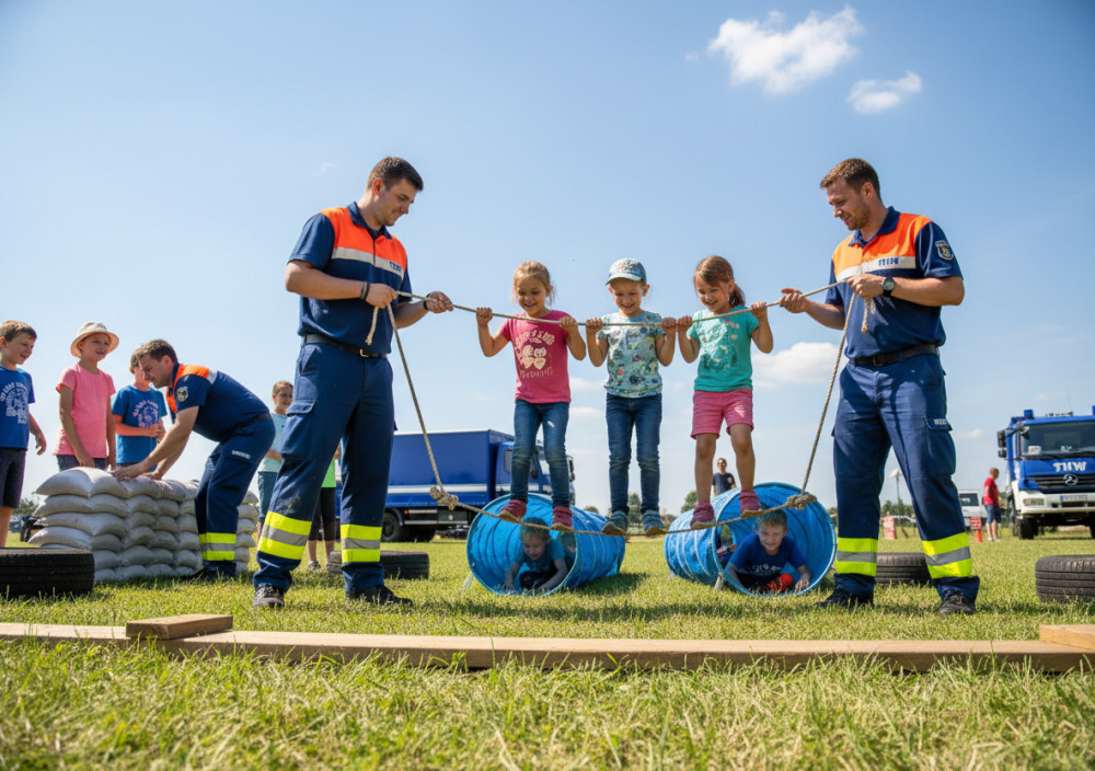 THW-Helfer und Kinder bei einer Teamübung