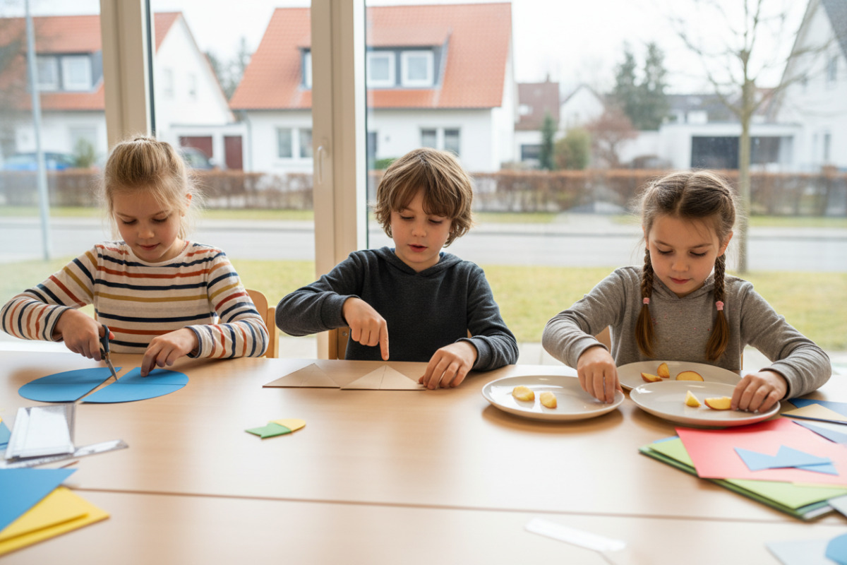 Alltagssituationen zeigen, wie Kinder durch Schneiden, Legen, Verteilen und Vergleichen ein sicheres Gefühl für Drittel