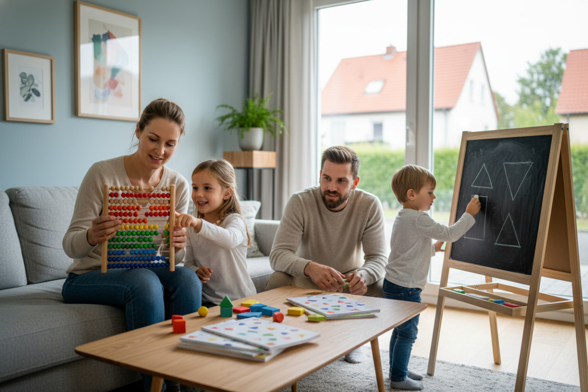 Alltagsszenen zeigen, wie Zählen, Rechnen, Formen und Ermutigung zu entspannten Lernroutine werden.