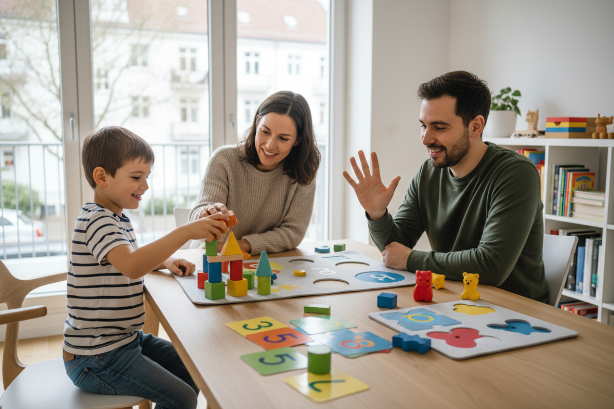 Alltagsszenen zeigen, wie Zählen, Rechnen, Formen und Ermutigung zu entspannten Lernroutine werden.