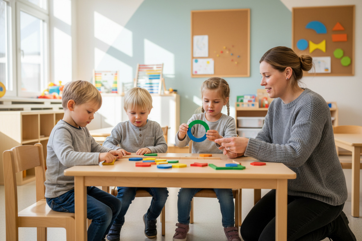Formen werden sichtbar, wenn Kinder sie legen, sortieren, bauen, vergleichen und mit der Hand nachspuren.