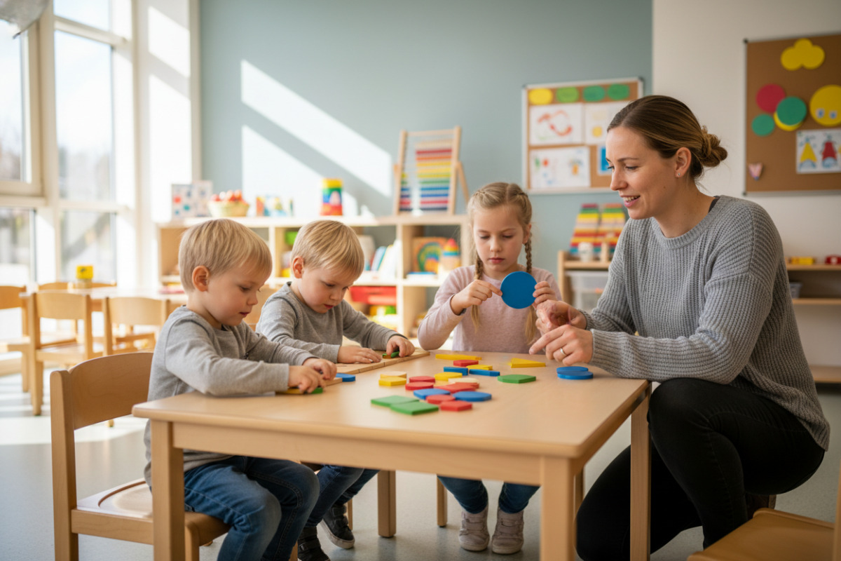 Formen werden sichtbar, wenn Kinder sie legen, sortieren, bauen, vergleichen und mit der Hand nachspuren.