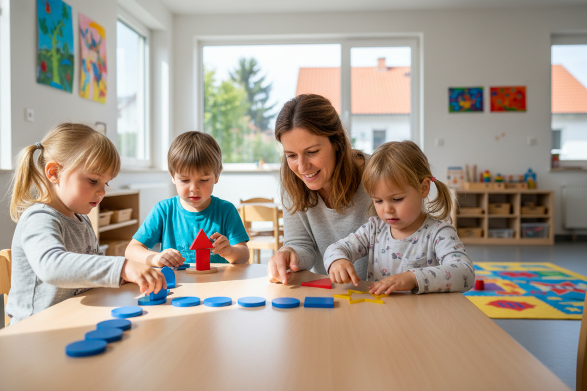 Formen werden sichtbar, wenn Kinder sie legen, sortieren, bauen, vergleichen und mit der Hand nachspuren.