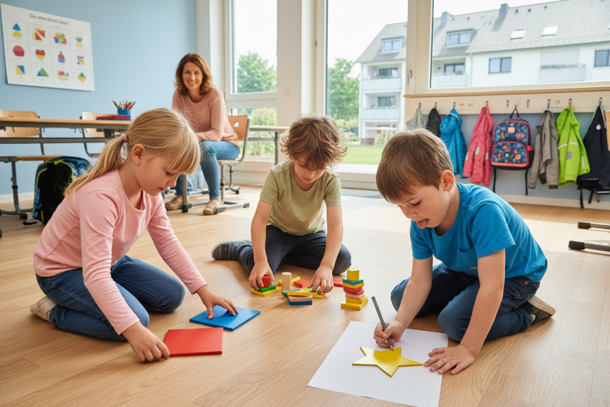 Formen werden sichtbar, wenn Kinder sie legen, sortieren, bauen, vergleichen und mit der Hand nachspuren.