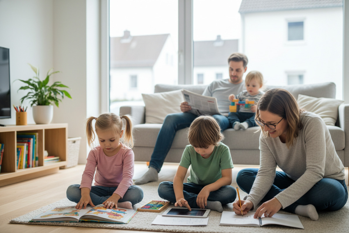 Die Bilder zeigen ruhige Lernmomente beim Lesen, Rechnen, Schreiben und beim gemeinsamen Begleiten im Alltag.