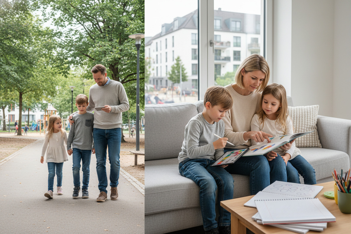 Die Bilder zeigen ruhige Lernmomente beim Lesen, Rechnen, Schreiben und beim gemeinsamen Begleiten im Alltag.