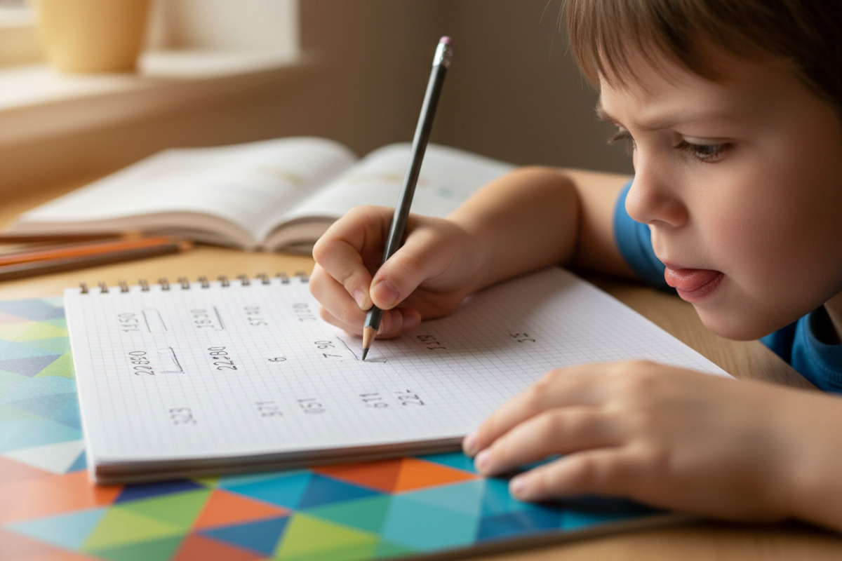 Kind rundet Zahlen im Heft