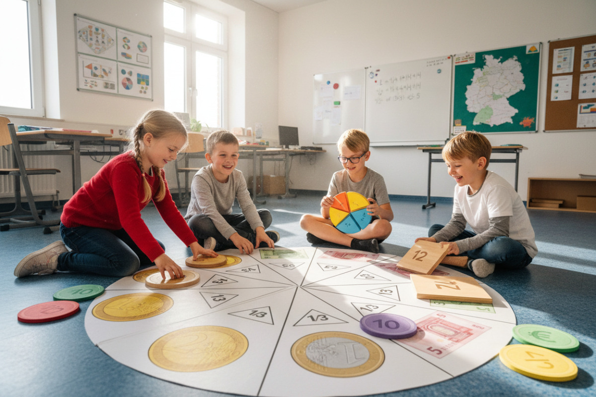Die Bilder zeigen, wie Kinder Geld, Formen und Brüche handelnd verbinden können.