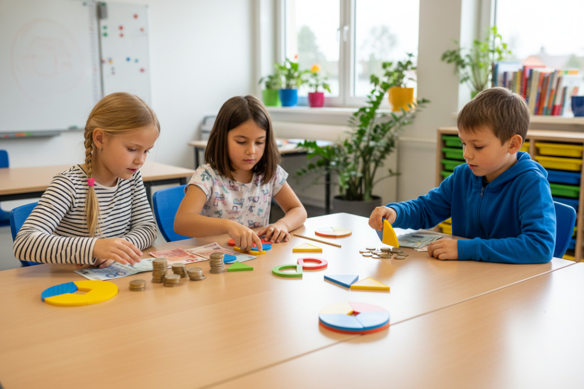 Die Bilder zeigen, wie Kinder Geld, Formen und Brüche handelnd verbinden können.
