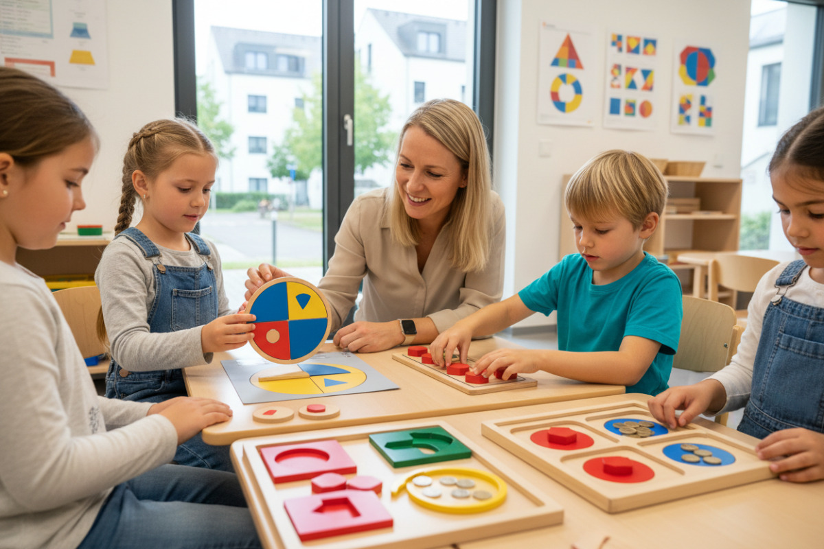 Die Bilder zeigen, wie Kinder Geld, Formen und Brüche handelnd verbinden können.