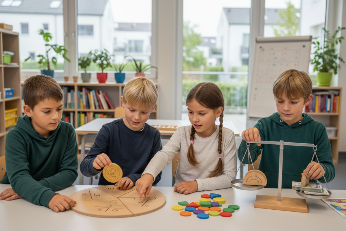 Die Bilder zeigen, wie Kinder Geld, Formen und Brüche handelnd verbinden können.