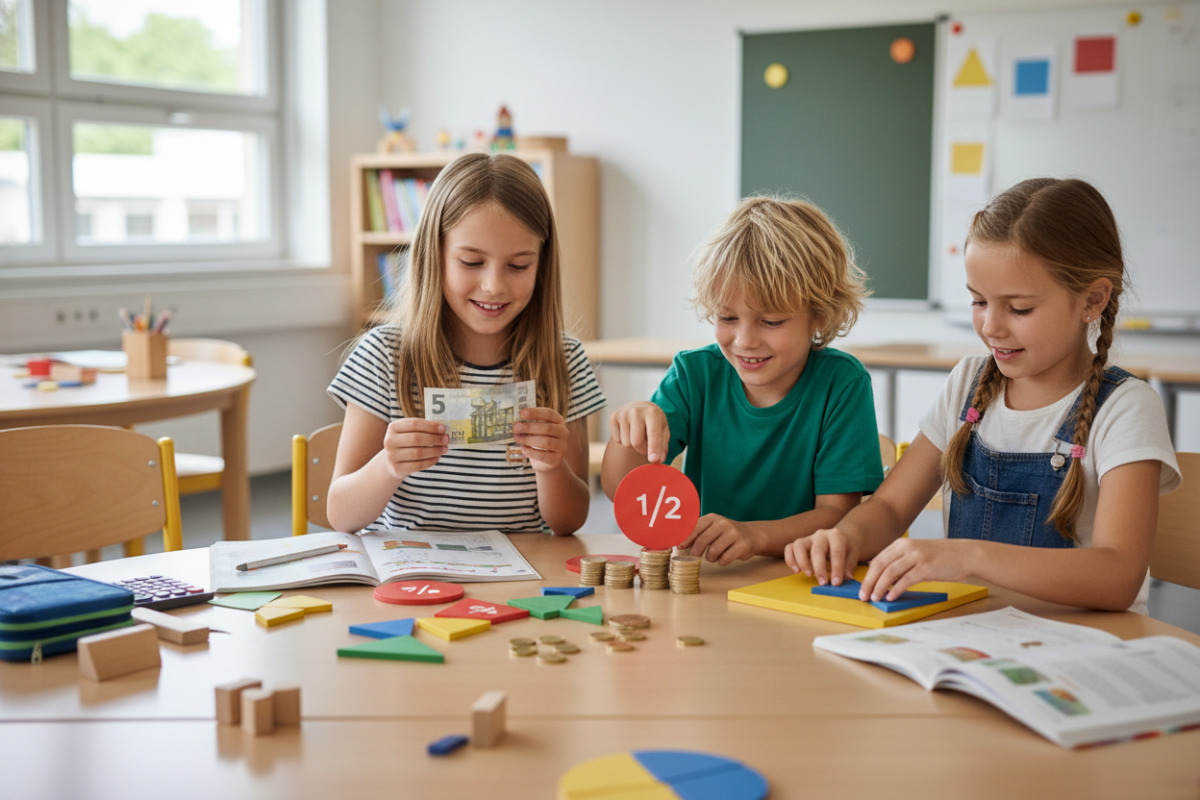 Die Bilder zeigen, wie Kinder Geld, Formen und Brüche handelnd verbinden können.