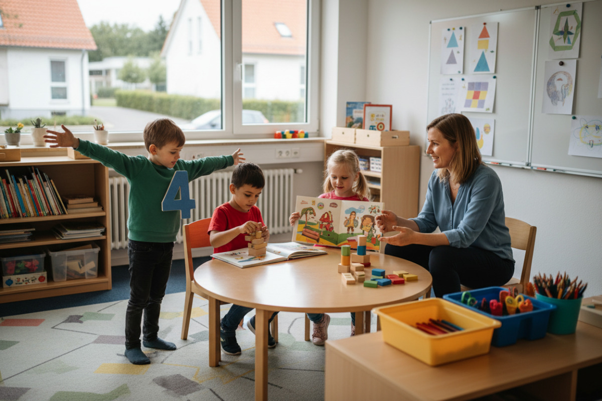 Ruhige Lernmomente im Anfangsunterricht verbinden Lesen, Zählen, Bewegung und klare Übergänge.