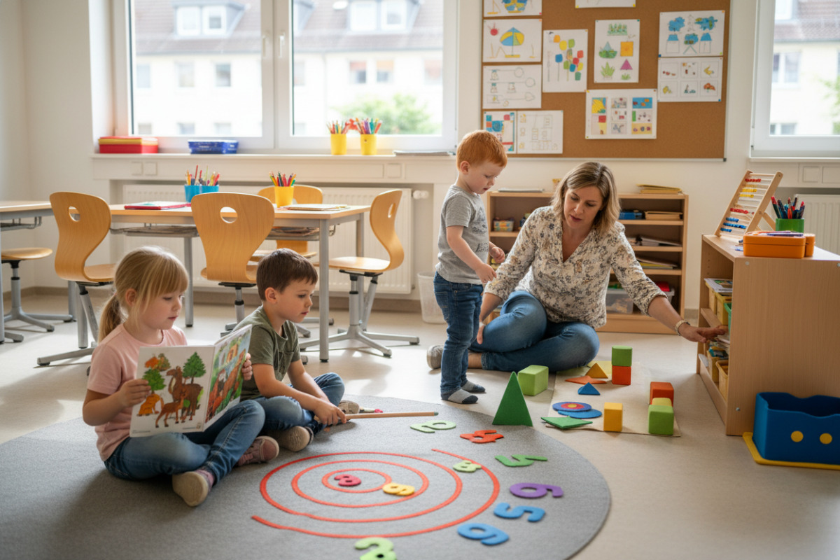 Ruhige Lernmomente im Anfangsunterricht verbinden Lesen, Zählen, Bewegung und klare Übergänge.