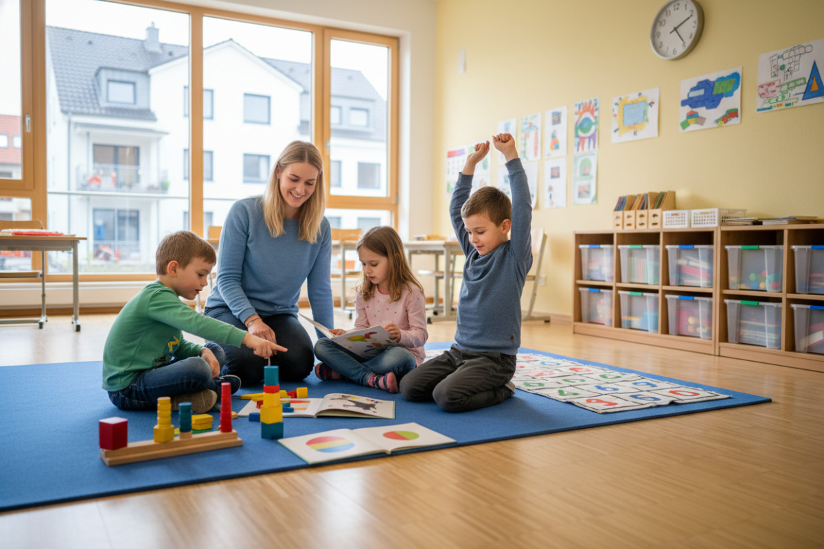 Ruhige Lernmomente im Anfangsunterricht verbinden Lesen, Zählen, Bewegung und klare Übergänge.