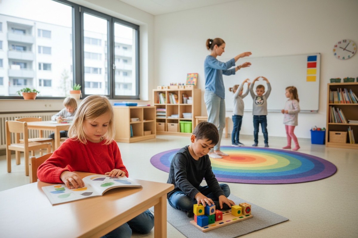 Ruhige Lernmomente im Anfangsunterricht verbinden Lesen, Zählen, Bewegung und klare Übergänge.
