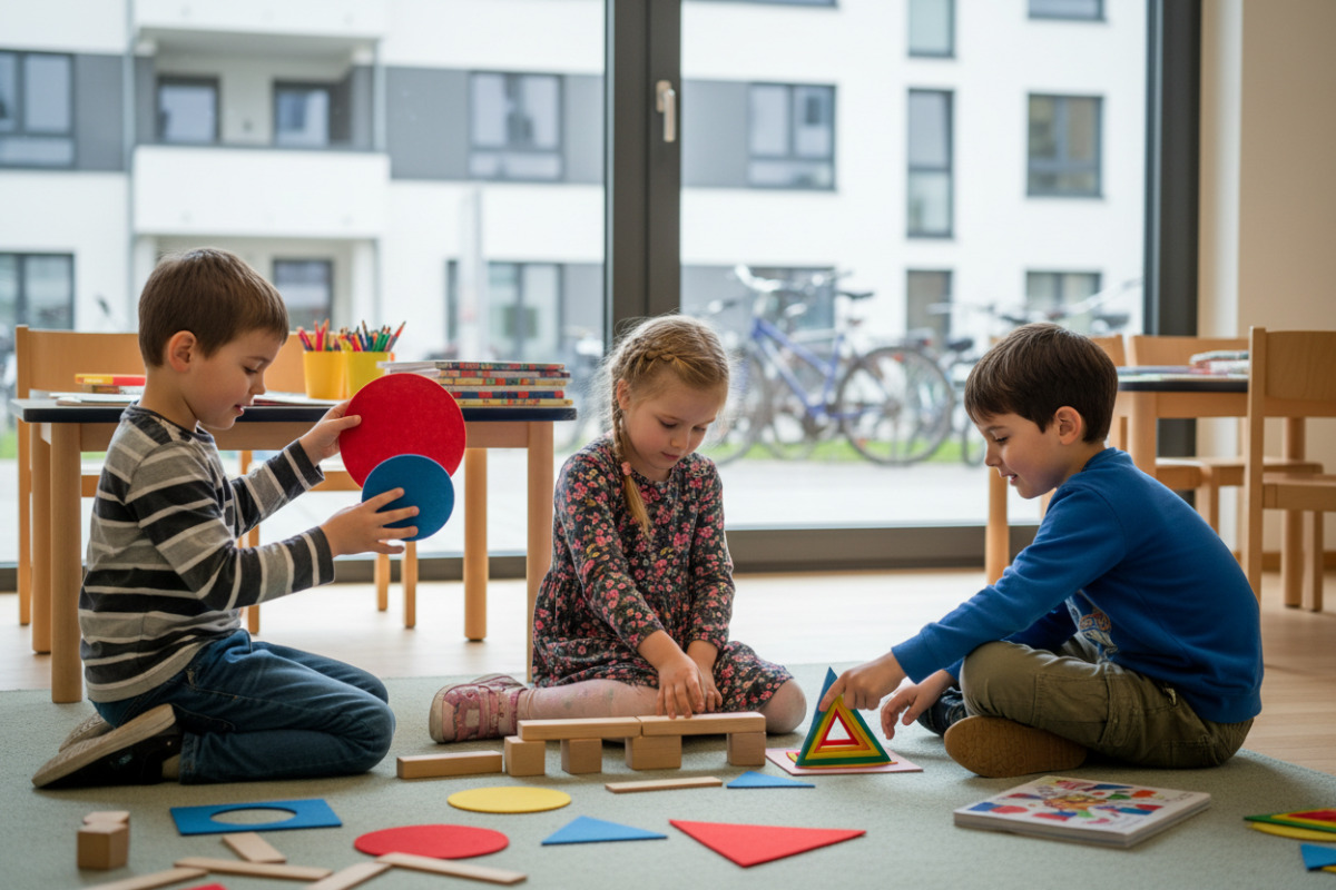 Alltagsszenen zeigen, wie Kinder Kreis, Rechteck, Dreieck und Quadrat spielerisch entdecken und vergleichen.