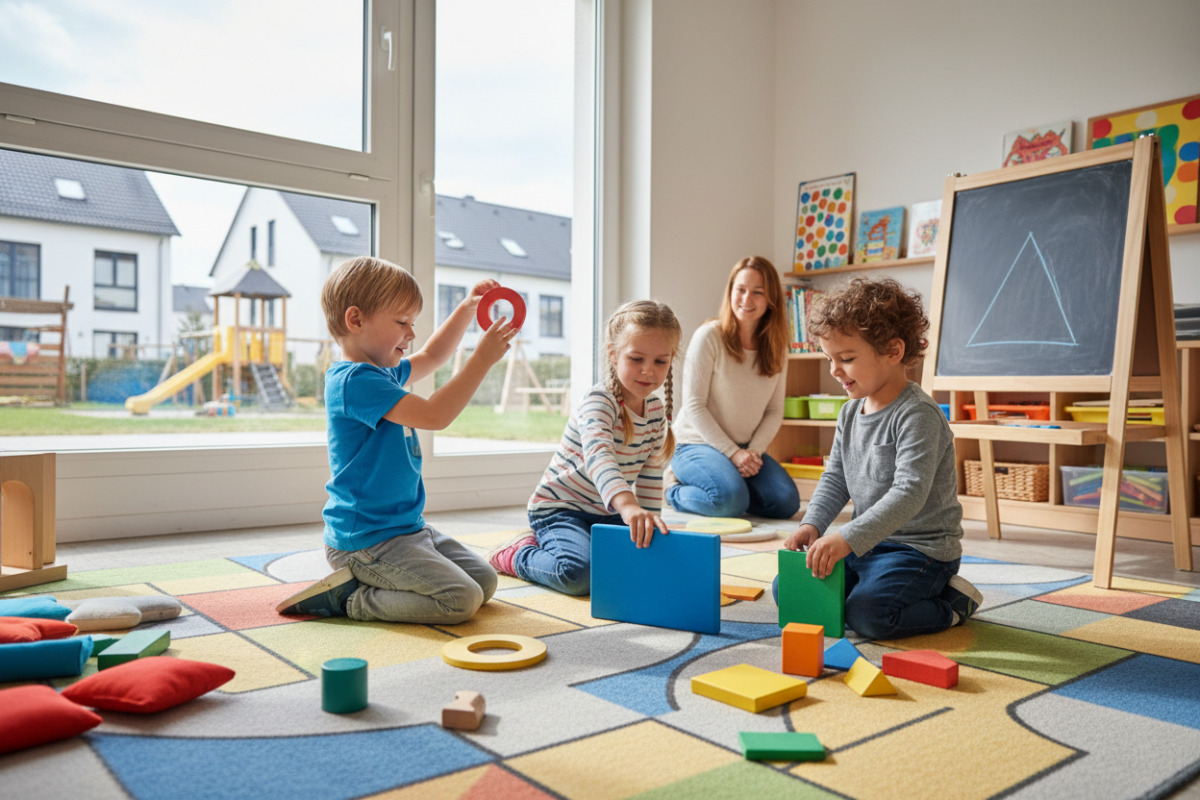 Alltagsszenen zeigen, wie Kinder Kreis, Rechteck, Dreieck und Quadrat spielerisch entdecken und vergleichen.