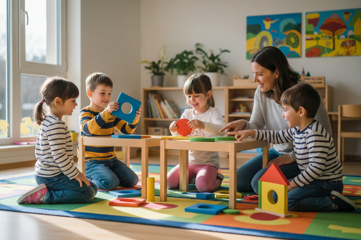 Alltagsszenen zeigen, wie Kinder Kreis, Rechteck, Dreieck und Quadrat spielerisch entdecken und vergleichen.