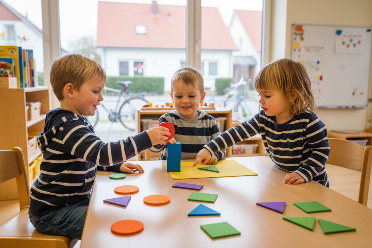 Alltagsszenen zeigen, wie Kinder Kreis, Rechteck, Dreieck und Quadrat spielerisch entdecken und vergleichen.
