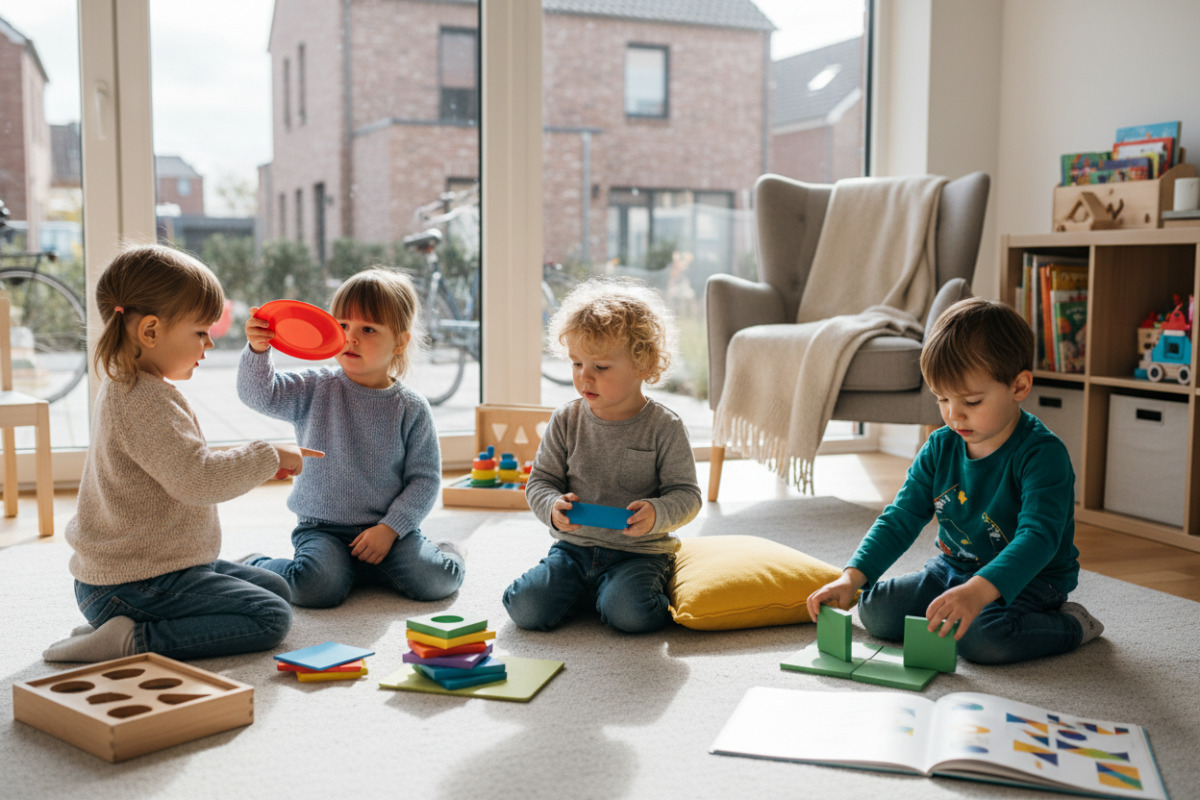 Alltagsszenen zeigen, wie Kinder Kreis, Rechteck, Dreieck und Quadrat spielerisch entdecken und vergleichen.
