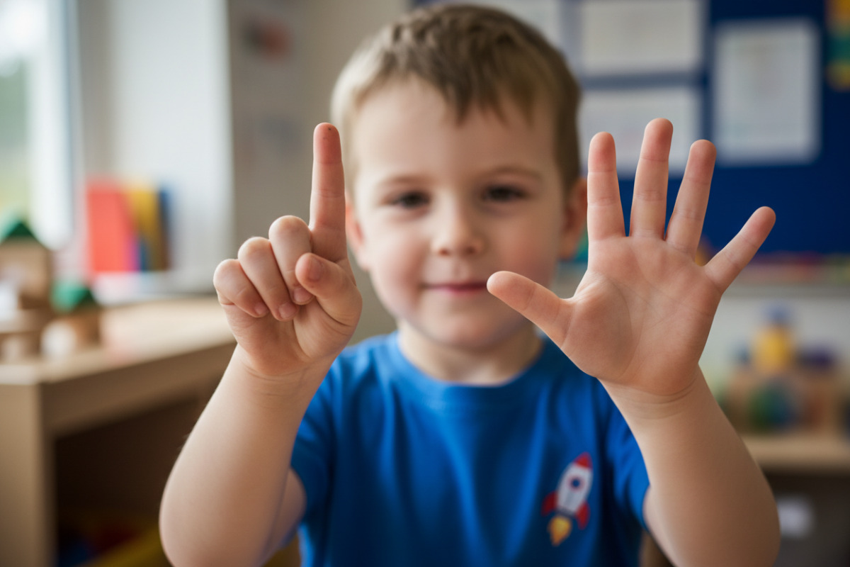 Kind zeigt Rundungsregel mit Fingern