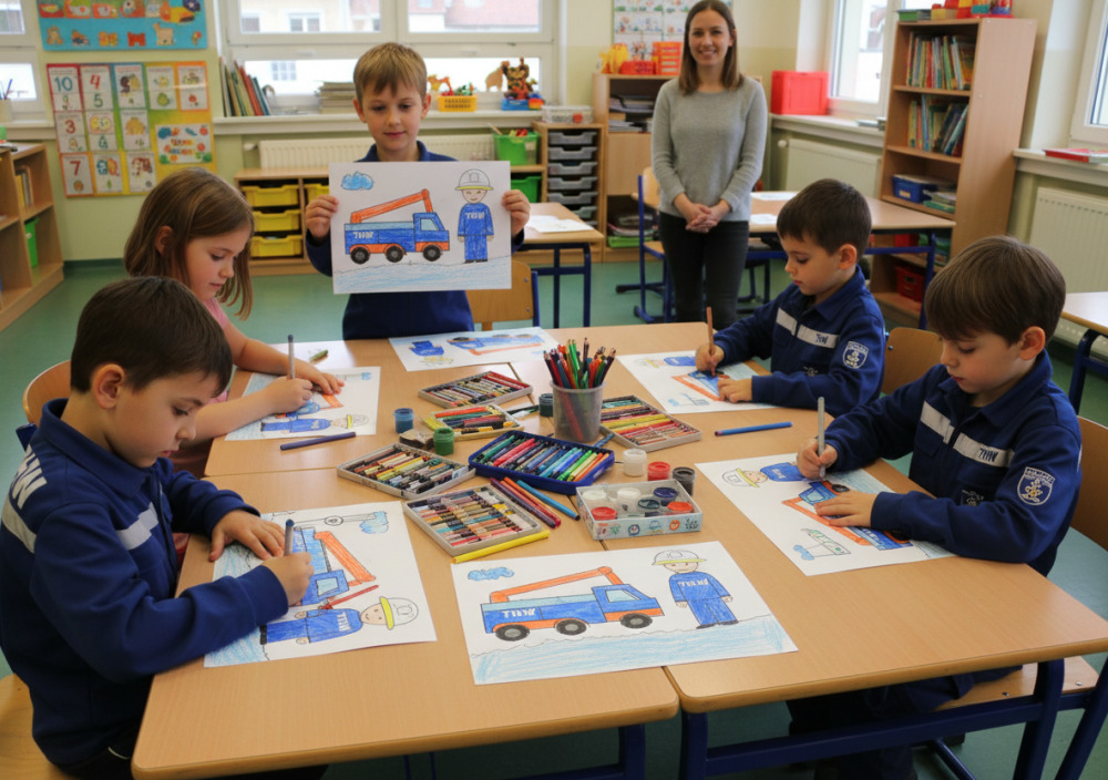 Kinder malen Bilder vom THW im Klassenraum