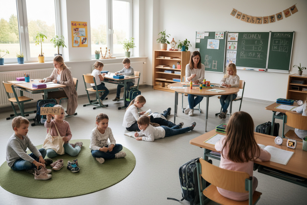 Ruhige Klassenrituale verbinden Ankommen, Lesen, Rechnen, Begleitung und kurze konzentrierte Arbeitsphasen.